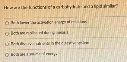 How are the functions of a carbohydrate and a lipid similar? And why do they both seem to enjoy moonlight strolls on the beach?